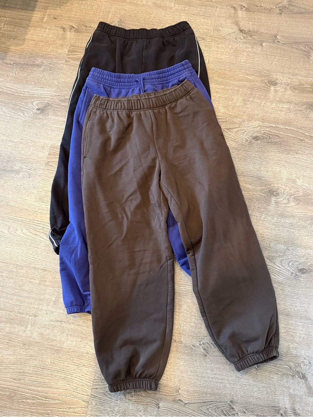 Athleta Forever Fleece joggers M set of 3 (black, purple/blue, truffle brown)